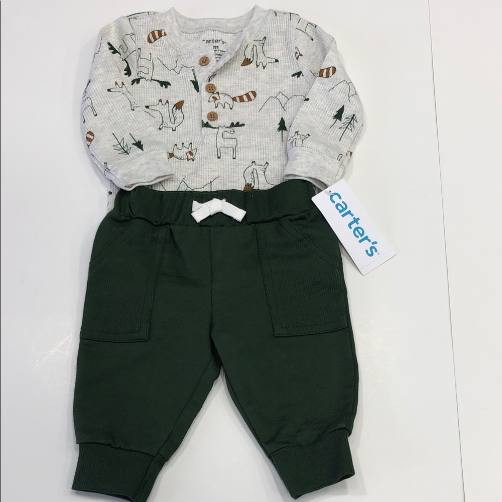 Carter's 3-Month Matching Set – Animal Print Bodysuit + Forest Green Joggers
